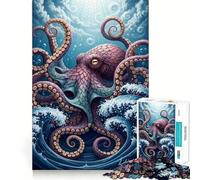Puzzle da 1000 pezzi con polpo stilizzato tra le onde dell'oceano, ideale per adulti, regalo, gioco di logica e abilità, antistress, taglio preciso, lista dei desideri di Babbo Natale 50x75cm