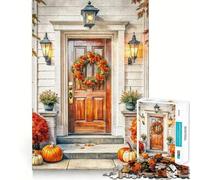Puzzle da 1000 pezzi con porta autunnale,zucche e ghirlanda,decorazione facile da incastrare,gioco per la mente,regalo per momenti di tranquillità,regalo artistico per compleanno (50x75cm)
