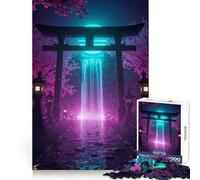 Puzzle da 1000 pezzi con portale Torii giapponese al neon e cascata, gioco di logica stimolante e rilassante, con bordi trasparenti, idea regalo artistica (38x52cm) per adulti