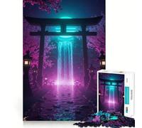 Puzzle da 1000 pezzi con portale Torii giapponese al neon e cascata, ideale per adulti, regalo, per migliorare la memoria e il tempo libero, con ritagli precisi, decorazione murale (38x26cm)