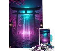 Puzzle da 1000 pezzi con portale Torii giapponese al neon e cascata ideale per attività divertenti in casa decorazione domestica e giochi educativi adatti a persone dai 14 anni in su 50x75cm