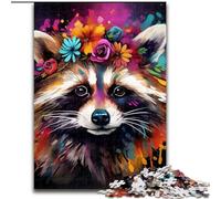 Puzzle da 1000 pezzi con procione che indossa fiori, per adulti, dimensioni 26x38cm, per adolescenti e famiglie, perfetto come decorazione fai da te e sfida rompicapo.