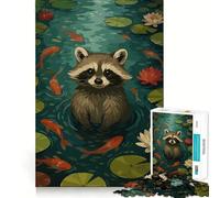 Puzzle da 1000 pezzi con procione nello stagno con carpe koi, ideale per adulti, un gioco per allenare la mente e rilassarsi, con taglio di precisione e un regalo elegante (38x52cm)