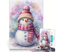 Puzzle da 1000 pezzi con pupazzo di neve ad acquerello con sciarpa e cappello rosa,ideale per ragazzi,un divertente gioco di memoria e attività di gruppo rilassante al chiuso (38x52cm)