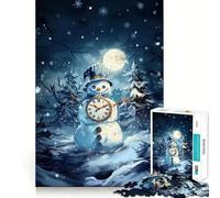 Puzzle da 1000 pezzi con pupazzo di neve e orologio in un paesaggio invernale, ideale per adolescenti, per rafforzare la memoria e il legame familiare Bordo preciso Regalo premuroso (38x52cm)