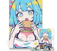 Puzzle da 1000 pezzi con ragazza anime che mangia hamburger, ideale per adolescenti, con funzione di richiamo, per un relax piacevole e bordi precisi, perfetto per una sorpresa di compleanno (38x26cm)