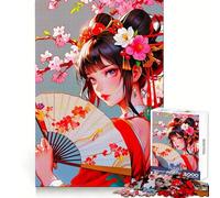 Puzzle da 1000 pezzi con ragazza anime con ventaglio e fiori, ideale per adolescenti, per favorire la concentrazione, un piacevole diversivo e un regalo di Natale perfetto (38x26cm)