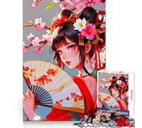 Puzzle da 1000 pezzi con ragazza anime con ventaglio e fiori, per adulti, esercizio cognitivo, divertimento rilassante, bordi lisci, regalo memorabile (50x75cm)