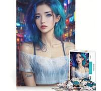 Puzzle da 1000 pezzi con ragazza anime cyberpunk sotto la pioggia in una città al neon, gioco rompicapo, sfida difficile, ideale come regalo per tutta la famiglia 50x75cm