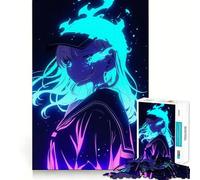 Puzzle da 1000 pezzi con ragazza anime e fuoco blu,gioco di abilità mentale,incastro stabile,parti che non si spostano,passatempo divertente per i lunghi weekend (50x75cm)