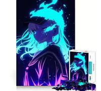 Puzzle da 1000 pezzi con ragazza anime e fuoco blu,gioco di abilità mentale,incastro stabile,parti che non si spostano,passatempo divertente per i lunghi weekend (38x52cm)