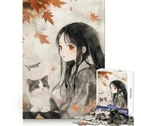 Puzzle da 1000 pezzi con ragazza anime e gatto in autunno, ideale per adolescenti Migliora la memoria, è un'attività rilassante, tagliata al laser e rappresenta un regalo premuroso (50x75cm)