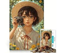 Puzzle da 1000 pezzi con ragazza anime e macchina fotografica in giardino,gioco di concentrazione mentale,design a incastro preciso,sfida interattiva per il cervello per la casa (50x75cm)