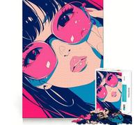 Puzzle da 1000 pezzi con ragazza anime e occhiali da sole rosa,ideale per adolescenti,che stimola la mente Gioco a incastro preciso,senza spazi vuoti Attività rilassante di gruppo al chiuso (38x52cm)