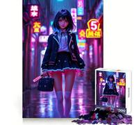 Puzzle da 1000 pezzi con ragazza anime in città al neon, ideale per adolescenti, per stimolare la memoria, favorire il relax, ottenere bordi precisi e creare un regalo festivo (50x75cm)