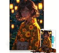 Puzzle da 1000 pezzi con ragazza anime in yukata e girasole, ideale per adolescenti, con bordi precisi, perfetto per giochi di logica e divertimento al chiuso 50x75cm