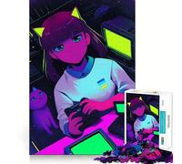 Puzzle da 1000 pezzi con ragazza anime neon gamer e gatto, ideale per adolescenti, per rafforzare la memoria, per il tempo libero a casa, con bordi puliti e un regalo prezioso (50x75cm)