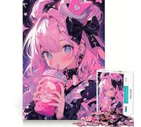 Puzzle da 1000 pezzi con ragazza anime rosa che beve bubble tea, ideale per adulti Un'attività che rafforza la memoria e crea un'atmosfera piacevole (50x75cm)