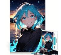 Puzzle da 1000 pezzi con ragazza anime sorridente dai capelli blu, ideale per adulti, con effetto memoria, antistress e taglio preciso, perfetto per i desideri di Babbo Natale 38x52cm