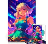 Puzzle da 1000 pezzi con ragazza anime sorridente sotto luci al neon, per adulti, gioco di logica e stimolazione mentale, antistress, con taglio preciso, 38x52cm