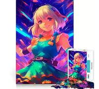 Puzzle da 1000 pezzi con ragazza anime sorridente tra luci al neon, ideale per adolescenti Giocattolo intelligente per il tempo libero, taglio preciso, regalo stagionale 38x26cm