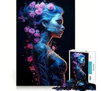 Puzzle da 1000 pezzi con ragazza cyberpunk floreale al neon per adulti, gioco di logica, ideale per rafforzare i legami familiari, con bordo premium e una piacevole sorpresa (38x52cm)