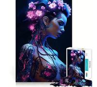 Puzzle da 1000 pezzi con ragazza cyberpunk floreale al neon per adulti, gioco per allenare la mente, per momenti di relax, design, assemblaggio, regalo creativo (38x52cm)