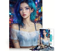 Puzzle da 1000 pezzi con ragazza cyberpunk in una città al neon sotto la pioggia,ideale per adolescenti Gioco stimolante per la mente,incastro perfetto,senza spazi vuoti,attività rilassante di gruppo