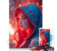 Puzzle da 1000 pezzi con ragazza dai capelli rossi e cappuccio blu, ideale per adolescenti, gioco di logica e attività per tutta la famiglia, con bordi trasparenti e una piacevole sorpresa (38x52cm)