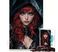 Puzzle da 1000 pezzi con ragazza dai capelli rossi e cappuccio nero, ideale per adolescenti, gioco di logica e attività per tutta la famiglia, con bordi trasparenti e una piacevole sorpresa (50x75cm)
