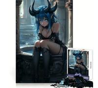 Puzzle da 1000 pezzi con ragazza demone dai capelli blu seduta, ideale per adulti, per esercitarsi nel ragionamento, per il tempo libero, con bordi di alta qualità e come regalo di Natale (38x26cm)