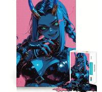 Puzzle da 1000 pezzi con ragazza demone dalla pelle blu e corna,gioco di squadra,allenamento mentale,gioco rilassante,decorazione natalizia da parete 38x26cm