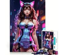 Puzzle da 1000 pezzi con ragazza gatto anime al neon per adolescenti, gioco mentale divertente per il tempo libero, taglio di alta qualità, regalo pensato con cura (38x52cm)