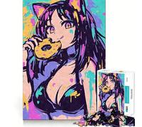 Puzzle da 1000 pezzi con ragazza gatto anime che mangia una ciambella,sfida mentale,taglio di alta precisione,divertente sfida per il tempo di attesa (38x26cm)