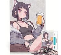 Puzzle da 1000 pezzi con ragazza gatto anime e birra per adolescenti attività divertente per stimolare la mente,taglio di alta precisione,attività creativa rilassante e pausa rigenerante (38x26cm)