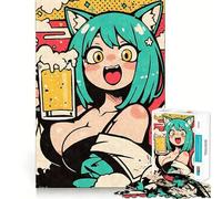 Puzzle da 1000 pezzi con ragazza gatto anime e birra per adolescenti,divertente da giocare,ad incastro perfetto,senza spazi vuoti,per una serata in famiglia (38x52cm)