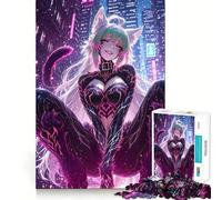 Puzzle da 1000 pezzi con ragazza gatto in stile anime ambientato in una città cyberpunk,gioco di memoria ad alta precisione,attività di taglio creativo e sfida interattiva per la mente a casa