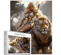 Puzzle da 1000 pezzi con ragazza guerriera bionda per adulti tigre gigante e leone che cavalca puzzle artistico colorato puzzle fai da te per la decorazione della casa regali puzzle famiglia perfetto