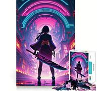 Puzzle da 1000 pezzi con ragazza samurai al neon che impugna una spada in un paesaggio urbano, ideale per adolescenti Un rompicapo divertente e creativo da assemblare e collezionare (38x26cm)