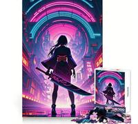 Puzzle da 1000 pezzi con ragazza samurai al neon che impugna una spada in un paesaggio urbano ideale per adulti Potenzia la memoria rilassa e migliora il tempo Regalo di compleanno di qualità