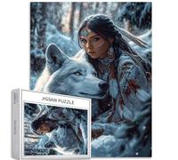 Puzzle da 1000 pezzi con ragazza tribale e lupo bianco per adulti con sfondo della foresta innevata, puzzle colorato fai da te per la decorazione della casa, regali puzzle per la famiglia, perfetto