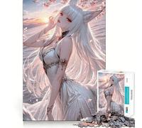 Puzzle da 1000 pezzi con ragazza volpe anime in abito bianco,gioco di costruzione che mette alla prova la concentrazione,facile da assemblare,sicuro e divertente per le vacanze al chiuso (38x26cm)