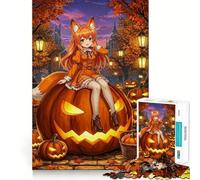 Puzzle da 1000 pezzi con ragazza volpe anime su zucca di Halloween,gioco creativo per lo sviluppo delle capacità di costruzione,incastro,nessun pezzo si stacca,attività per rafforzare i legami