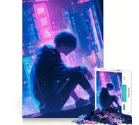 Puzzle da 1000 pezzi con ragazzo anime in città al neon,gioco di abilità creativa,componenti robusti e ben rifiniti,ideale da portare in viaggio,gioco per allenare la mente (38x26cm)