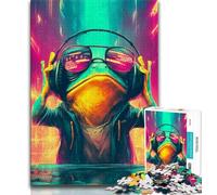 Puzzle da 1000 pezzi con rana che indossa le cuffie per adulti, gioco per famiglie, antistress, sfida difficile, collezione di artisti, belle arti (50x75cm)