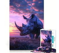 Puzzle da 1000 pezzi con rinoceronte e tramonto estetico, ideale per adolescenti, gioco di logica e attività per tutta la famiglia, con bordi trasparenti e una piacevole sorpresa (50x75cm)