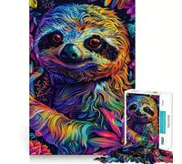 Puzzle da 1000 pezzi con ritratto di bradipo al neon e sfondo floreale, ideale per adolescenti, antistress, con bordi precisi e regalo perfetto (38x26cm)
