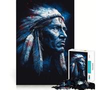 Puzzle da 1000 pezzi con ritratto di capo nativo americano in blu per adulti, ideale per concentrazione, relax e momenti di svago Dimensioni 38x52cm