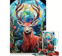 Puzzle da 1000 pezzi con ritratto di cervo in vetro colorato per ragazzi, gioco di logica stimolante per attività domestiche, bordi trasparenti, regalo prezioso 50x75cm