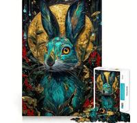 Puzzle da 1000 pezzi con ritratto di coniglio turchese e oro per adulti, ideale per stimolare la memoria e creare un'immagine suggestiva 38x26cm